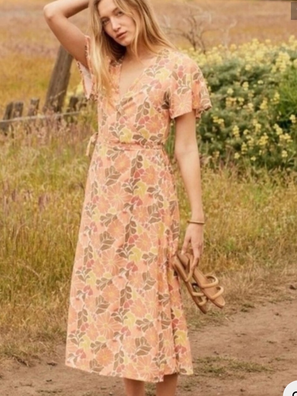 Marine Layer Emlyn Brown and Coral Floral  Maxi Wrap Short Sleeve Dress, size XL